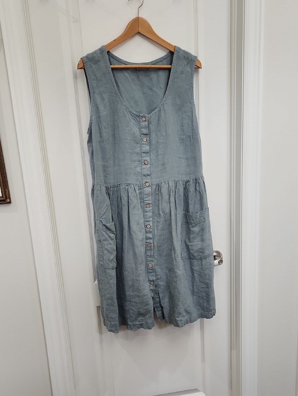 L/XL 100% Linen  Matutu Sleeveless Button-Front Grey/ Blue Linen Dress